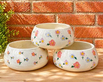 Handmade Floral Ceramic Bowl: Speckled Stoneware Kitchenware, Cottagecore Pottery