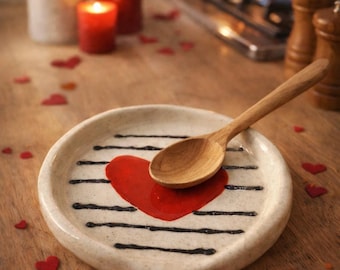 Handmade Speckled Ceramic Spoon Rest : Rustic Pottery Kitchen Decor with Big Red Heart