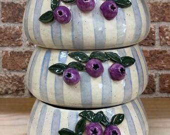 Handmade Ceramic Berry Bowl: Blue Stripe, Blueberry Design, Rustic Pottery Kitchenware