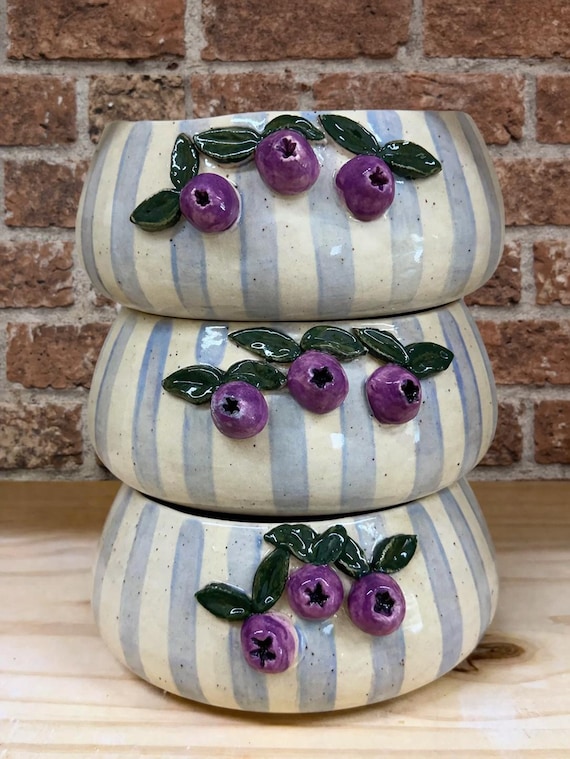 Handmade Ceramic Berry Bowl: Blue Stripe, Blueberry Design, Rustic Pottery Kitchenware