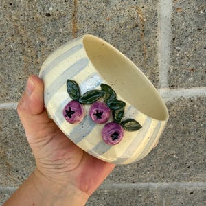 May include: A ceramic bowl with a cream-colored interior and exterior. The exterior features blue and cream stripes and three purple blueberry clusters with green leaves. The bowl is held in a hand.
