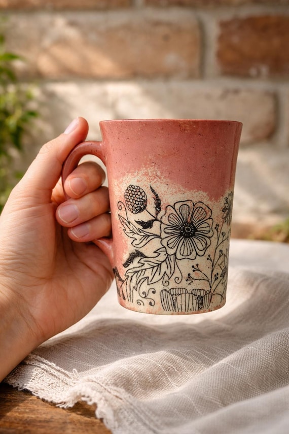 Handmade Speckled Ceramic Mug : Coral Floral Pottery Coffee Cup 12 Oz