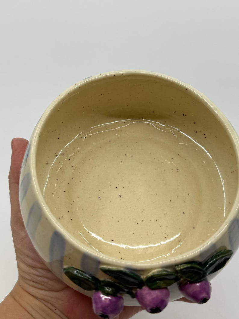 May include: A ceramic bowl with a cream-colored interior and a light blue striped exterior. The bowl is decorated with purple fruit and green leaves. The bowl is round and has a speckled texture.