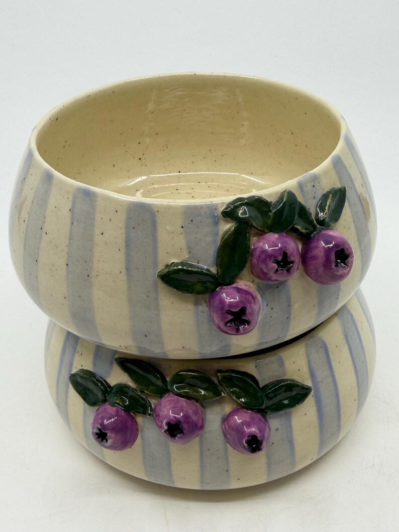 May include: Two ceramic bowls stacked on top of each other. The bowls have a cream-colored base with vertical blue stripes. Each bowl is decorated with three-dimensional purple blueberries and green leaves.