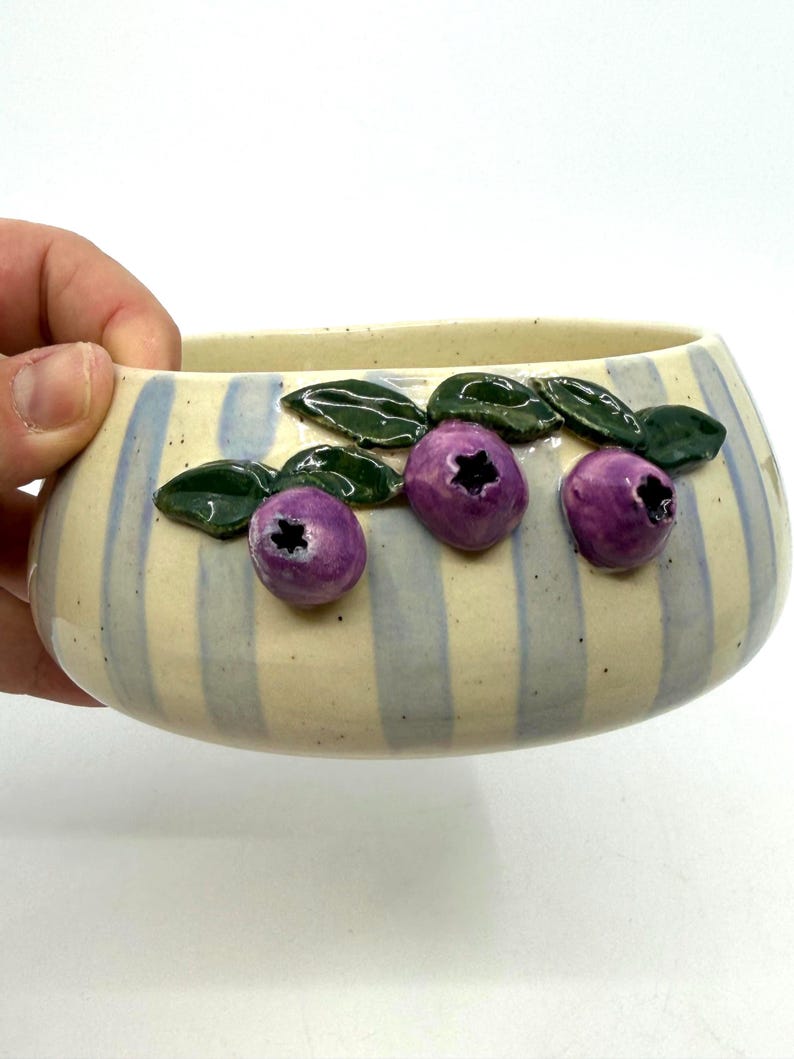A ceramic bowl with a cream-colored base and blue vertical stripes. The bowl is decorated with three purple blueberry-like shapes and green leaves. The bowl is held by a hand.
