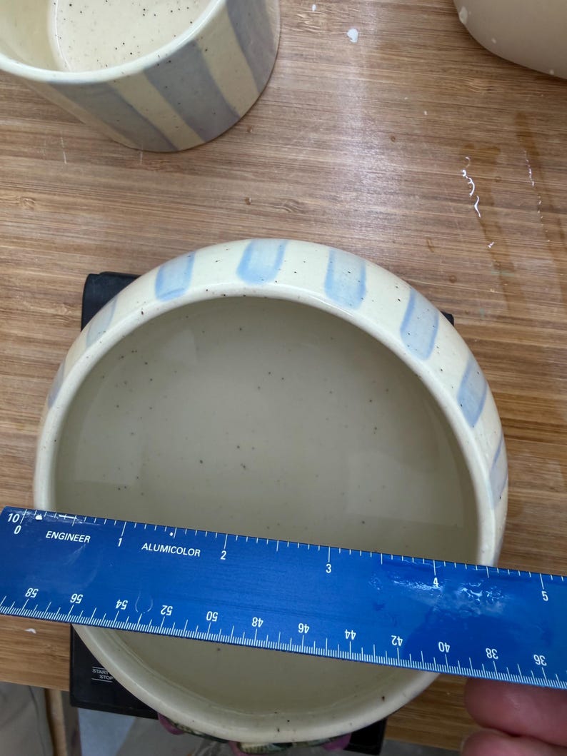 May include: A ceramic bowl with a speckled cream-colored interior and exterior. The rim is decorated with vertical light blue stripes. The bowl measures approximately 5 inches in diameter.