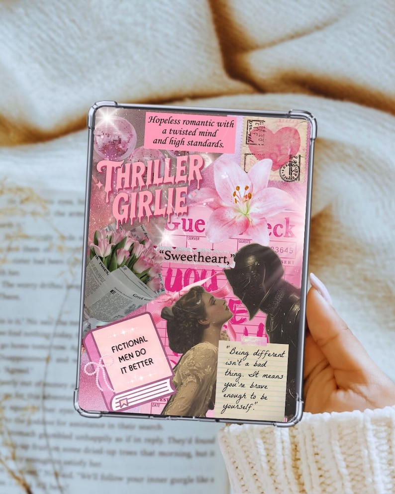 May include: A clear phone case featuring a collage design with pink and white elements. The design includes the text "Thriller Girlie" and "Fictional Men Do It Better", along with other text and images of flowers and a couple.