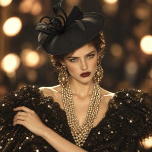 Puede incluir: Un sombrero tocado negro con detalles de cintas en bucle, un collar de perlas de varias hebras con grandes pendientes dorados ornamentados y un vestido negro de tela con lentejuelas y hombros con volantes.