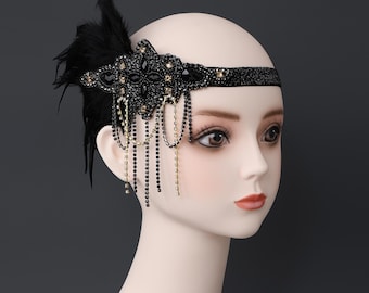 1920s Flapper Headpiece: Black Feather, Crystal Gatsby Headband