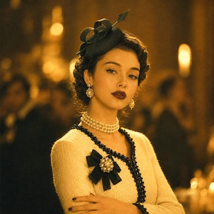 May include: A cream-colored textured jacket with black trim, a black bow brooch with a central pearl cluster, a three-strand pearl choker necklace, matching pearl drop earrings, and a dark green fascinator hat with a looped design and arrow accent.