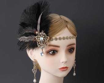 1920er Jahre Pfauenfeder Haarband, Strass Flapper Haarschmuck, Roaring 20s Fascinator