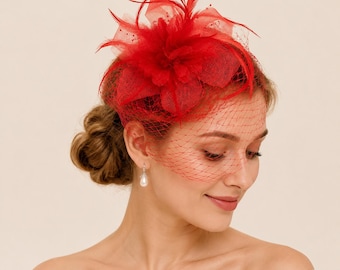 Fascinator-Hüte für Damen – Teeparty-Fascinator-Derbyhut aus Kentucky mit Federn, Blumen, Netzknoten und Schleier, hellblau