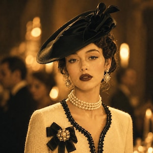 Peut inclure: Un chapeau noir à larges bords avec un nœud en satin, un collier ras-du-cou en perles à trois rangs et des boucles d'oreilles pendantes en perles assorties. La veste crème texturée présente un liseré noir et une broche nœud avec une perle.