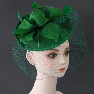 Vintage Green Sequin Pillbox Fascinator Hat Black Mesh Veil Large Bow Tea Party Black Pillbox Hat 20s 50s Vintage Fascinators for Women with  main image 4