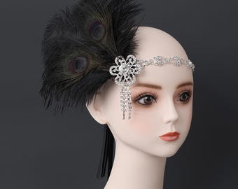1920s Feather Headband – Rhinestone Flapper Headpiece, Gatsby Accessory