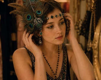 Peacock Feather Flapper Headpiece: 1920s Gatsby Costume Headband