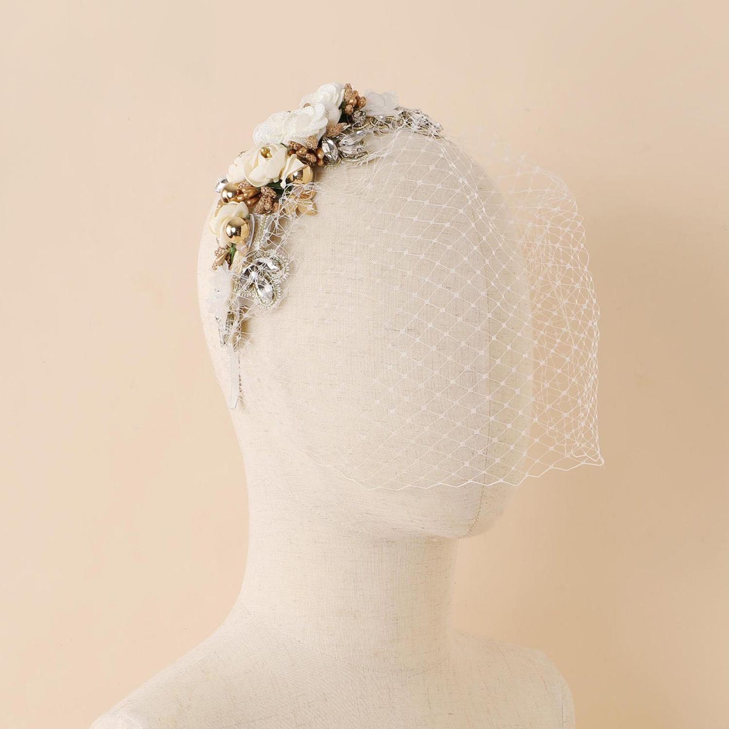 6273 1920s Fascinator Mesh Flower Pearl Veil Headband Bridal Wedding Tea 1920s Fascinator for Women – Mesh Flower Pearl Veil Headband  main image 2