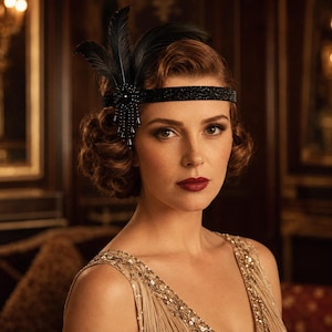 May include: A black headband featuring a textured band and a decorative side accent composed of black feathers and dangling black beads. The accessory is worn across the forehead, paired with a sleeveless dress adorned with gold sequins and fringe.