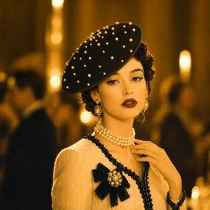 Può includere: Un cappello pillbox nero decorato con perle bianche sparse, abbinato a una collana girocollo a tre fili di perle, orecchini pendenti di perle e una giacca beige testurizzata con una spilla a fiocco in velluto nero e perla centrale.