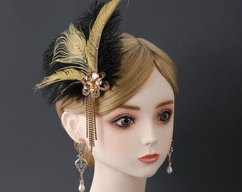 1920er Jahre Flapper Haarband, Pfauenfeder Fascinator, Strass Gatsby Haarschmuck