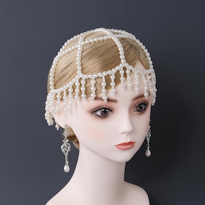 1920s Pearl Flapper Cap Headpiece, Gatsby Tassel Hair Accessory, Vintage Wedding Party Headchain