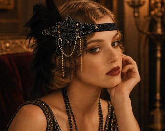 1920er Jahre Flapper Kopfschmuck: Schwarze Feder, Gatsby Haarreif