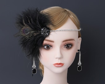 1920s Ostrich Feather Headband, Crystal Rhinestone Flapper Headpiece, Art Deco Fascinator