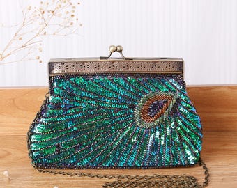 Clutch estilo flapper de los años 20 con diseño de pavo real: bolso de noche vintage estilo Gatsby con lentejuelas y cuentas