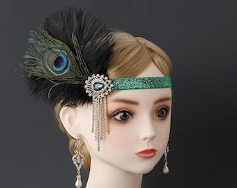 1920er Jahre Feder Haarband, Pfauenfeder Flapper Haarschmuck, Strass Roaring 20s Fascinator, Gatsby Haarschmuck