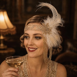 May include: A decorative headband featuring a gold-toned floral embellishment with intricate beadwork, a white feather plume, and cascading gold beaded fringe. The band is crafted with metallic embroidery and small pearls, creating a detailed accessory.