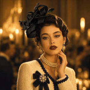 Puede incluir: Un tocado negro con cintas en bucle y plumas, un collar de gargantilla de perlas de tres hilos y una chaqueta de tweed color crema con ribete negro, un lazo de cinta negra y un broche central de perlas y tono dorado.