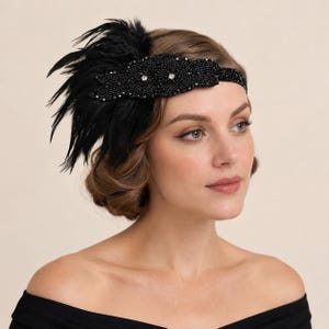 May include: A black headband featuring a decorative side accent composed of dark feathers and intricate black beadwork. The beaded section includes two small, clear, sparkling crystals embedded within the floral-shaped pattern.