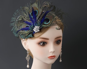 Pfauenfeder Haarspange mit Strass, 1920er Jahre Flapper Fascinator Headpiece, Gatsby Haarschmuck