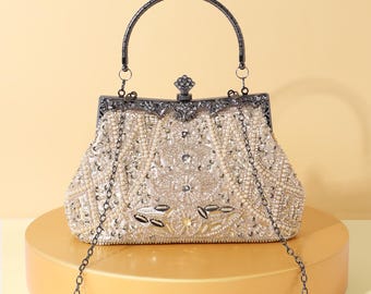 Vintage Beaded Sequin Pearl Evening Clutch – 1920s Gatsby Handbag