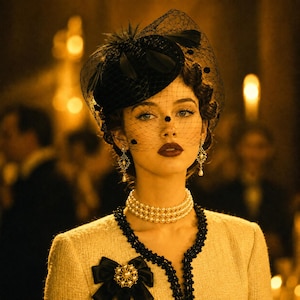 May include: A black fascinator hat with a veil and feathers, a three-strand pearl choker necklace, and a cream-colored textured jacket featuring a black trim and a black bow brooch with a central pearl accent, worn with dark red lipstick.