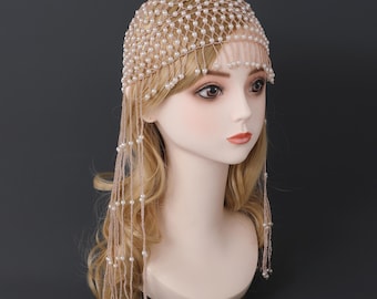 1920s Flapper Cap Headpiece with Pearl Tassels – Art Deco Beaded Gatsby Hair Accessory, Vintage Roaring 20s Style