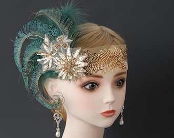 1920er Jahre Pfauenfeder Haarband, Strass Flapper Haarschmuck, Roaring 20s Fascinator, Gatsby Haarschmuck