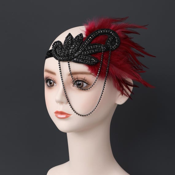Flapper Feather Headband 1920s Gatsby Headpiece Crystal Rhinestones Soft Gatsby Flapper Headband: Rhinestone & Feather 1920s  main image 2