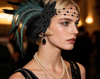 Tiara estilo Flapper Art Déco: Faixa de cabeça de penas e strass dos anos 1920