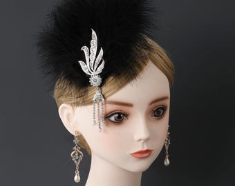 1920er Jahre Pfauenfeder Haarspange, Strass Flapper Fascinator, Haarschmuck Roaring 20s, Gatsby Kopfschmuck