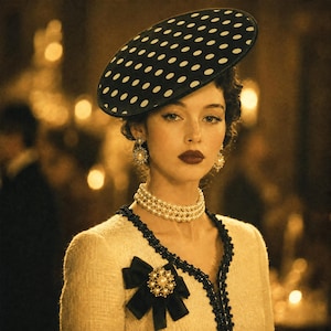 Può includere: Un cappello ovale nero a pois bianchi, una collana girocollo di perle a tre fili e una giacca color crema con bordi neri e una spilla a fiocco nero con perla centrale. L'insieme è completato da orecchini pendenti di perle.