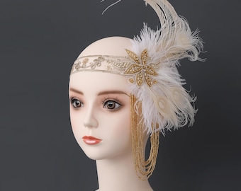 Peacock Feather Flapper Headpiece: 1920s Gatsby Tassel Chain Headband