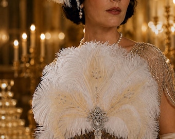 Vintage Feder-Brautstrauß - 1920er Gatsby Hochzeitsfächer mit Kristallen