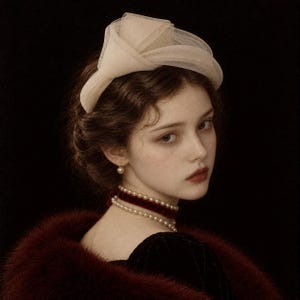 Peut inclure: Un serre-tête en tulle couleur crème avec un nœud structuré et superposé. L'accessoire est associé à un collier ras-du-cou à double rang de perles, une boucle d'oreille à perle pendante et une étole en fausse fourrure bordeaux sur un vêtement noir.