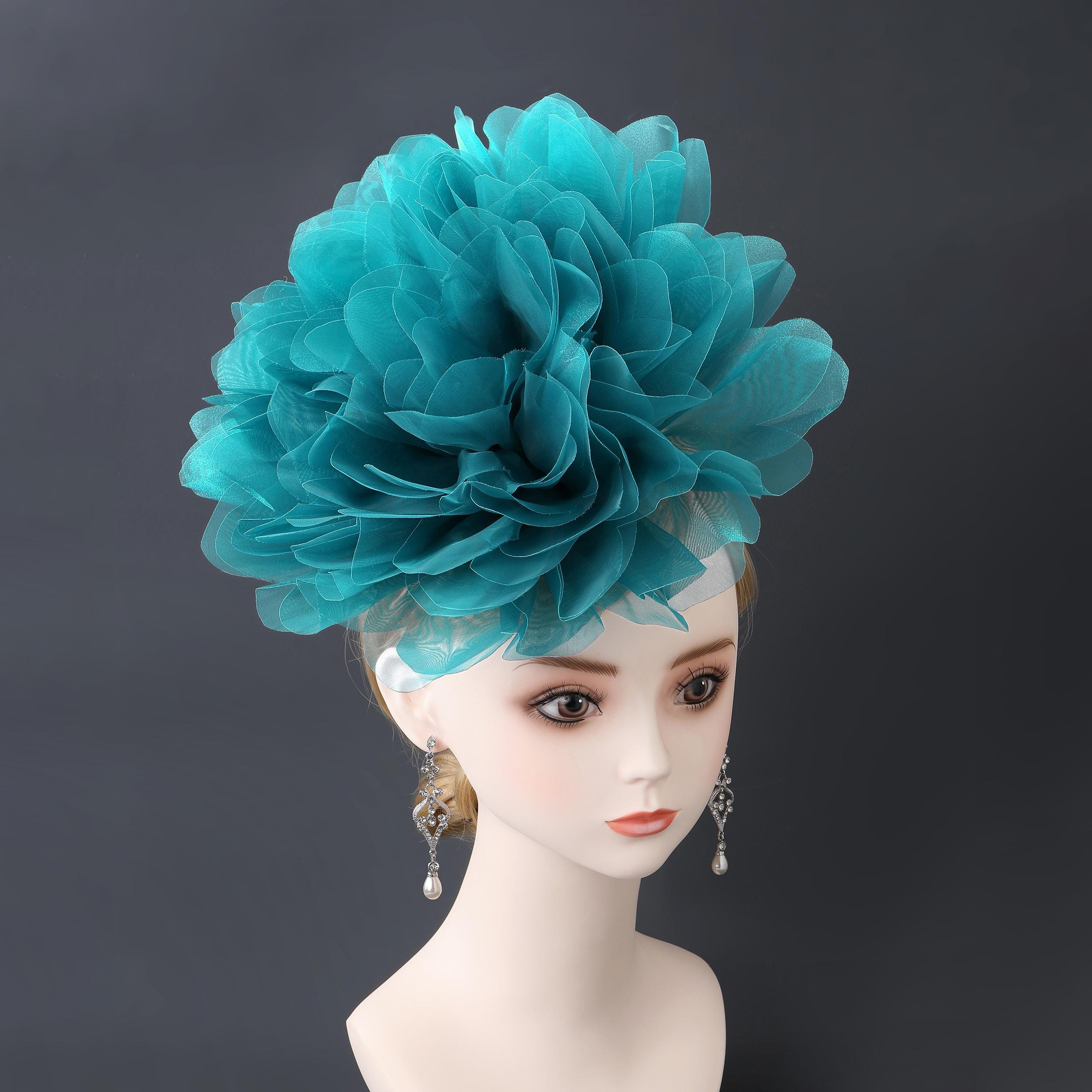 Kentucky Derby Hat Teal Floral Headband Fascinator Statement Sinamay Halo Crown Teal Blue Sinamay Fascinator: Kentucky Derby Hat, Wedding  main image 3