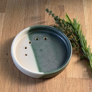 Handmade Ceramic Herb Stripper Plate: Overlapped Forest Green and White Glaze