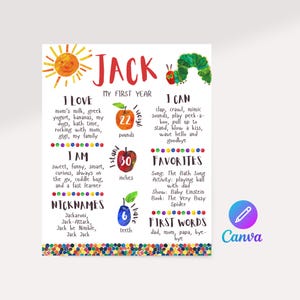Póster de mi primer año con una oruga adorable / Fiesta de primer cumpleaños con temática de oruga adorable / Descarga y edición instantánea en Canva