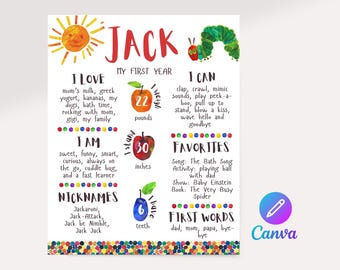 Póster de cumpleaños de La Oruga Hambrienta / Plantilla editable de Canva / Recuerdo imprimible para fiestas o accesorio para fotos