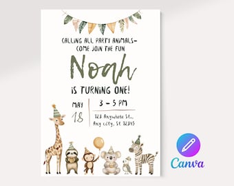 Jungle Safari First Birthday Invitation: Watercolor Animals (Instant Canva Download)