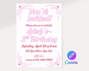Retro Pink Bow Birthday Invitation: Editable Canva Template (Digital Download)
